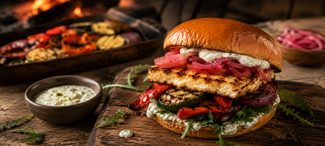Füstös halloumi burger grillezett zöldségekkel – Woodfire