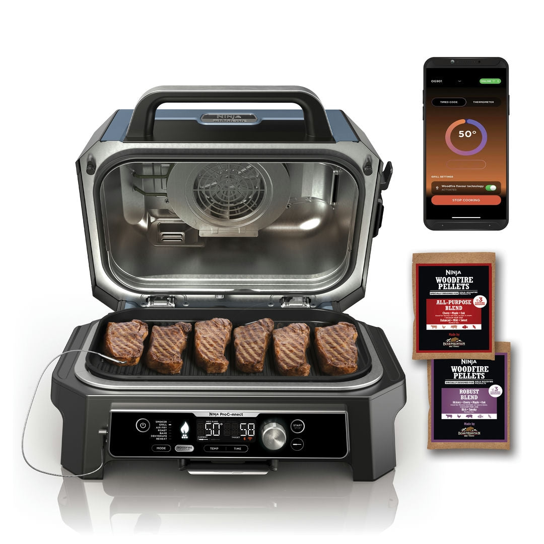 Ninja OG901EU Woodfire Pro Connect XL, Elektromos BBQ, Grill, Air fryer & Füstölő, kültéri, 45cm x 31cm